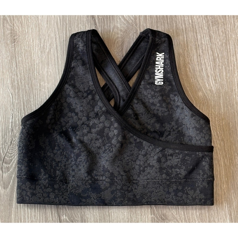 Gymshark Adapt‎ Animal Seamless Sports Bra Black Grey Camo XS GLSB4246-BK